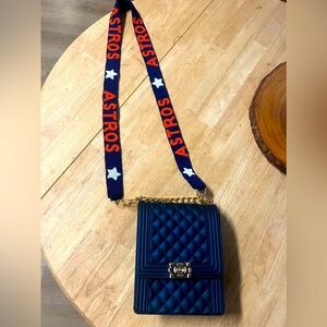 Custom beaded Astros strap, dark navy blue irridescent purse.